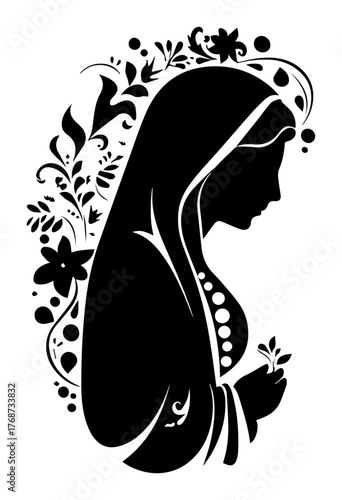 Virgin Mary silhouette with floral ornament – holy mother figure in prayer, elegant sacred vector illustration