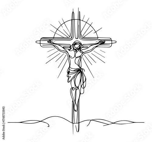 Continuous line art crucifix – Jesus Christ on radiant cross minimalist sacred vector illustration