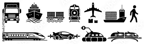 Transportation icon set – truck, ship, train, airplane, car and more, bold vector pictogram collection