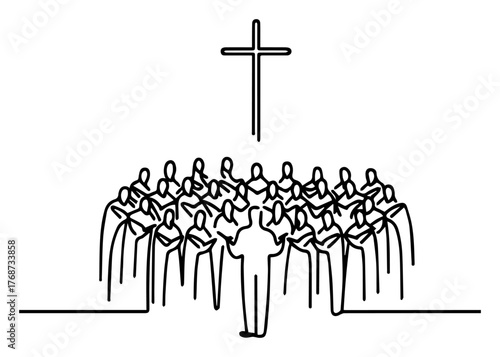 Church choir singing beneath a cross – continuous line art conductor leading worship singers, minimalist Christian vector illustration