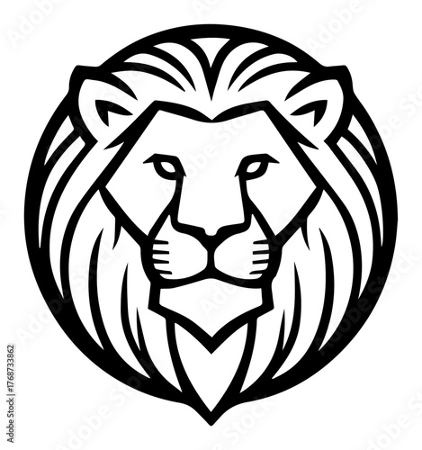 Majestic lion head emblem – bold geometric mane within circular badge, powerful wildlife logo vector illustration