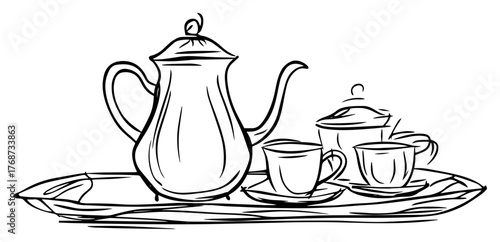 Tea set on tray sketch – elegant teapot with teacups, hand‑drawn vector illustration