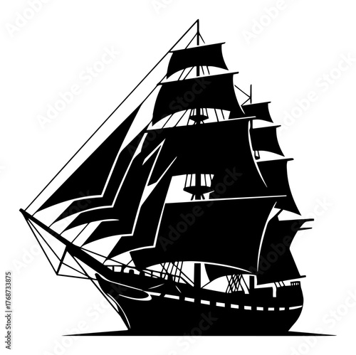 Tall ship silhouette with full sails – vintage sailing vessel emblem vector illustration