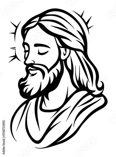 Jesus Christ serene bust with radiant halo – inspirational hand‑drawn vector portrait of savior in peaceful prayer pose