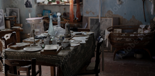 Abandoned Vintage Room with Antique Furniture and Dusty Glassware in Derelict House Interior