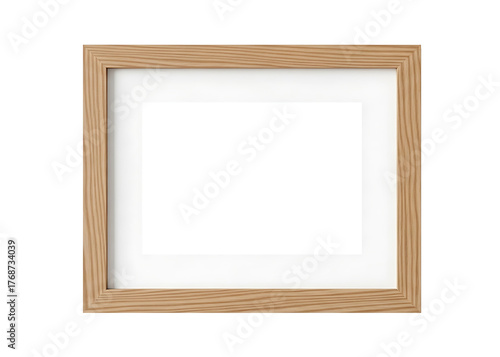 A simple light brown wooden picture frame with a white mat and empty space for your image isolated on transparent background
