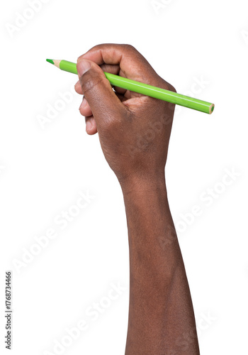 Man writing or drawing with a green pencil isolated on white or transparent background