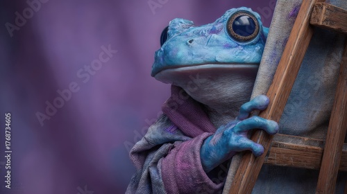 A blue tree frog wearing a purple robe climbs a wooden ladder. The background is softly blurred with purple hues, creating a whimsical atmosphere.