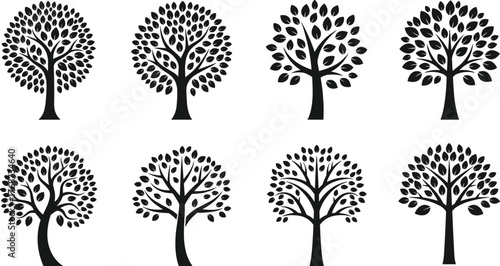 Ultimate Tree Graphics Mega Bundle Vector Set of Cartoon Christmas Trees, Forest Silhouettes, Tropical Palms, Stylized Logos, and Garden Bushes for Design Projects.