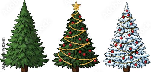 Three Christmas Trees Vector Set: Plain Evergreen, Decorated Holiday Tree with Star and Ornaments, and Snowy Winter Season Fir for Festive Design.