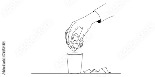 Minimalist continuous line art drawing of hand holding a fragile water droplet above a purple pedestal vector