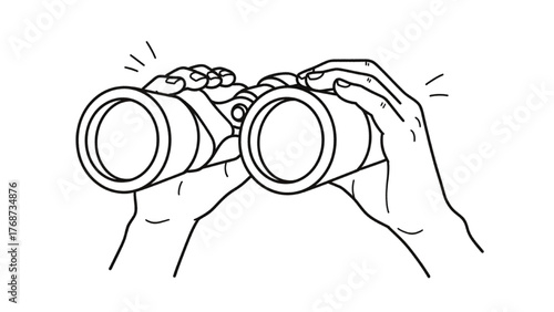An outline illustration of hands holding binoculars for viewing, searching and discovery
