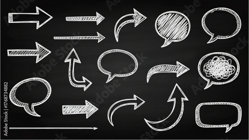 Stylized Sketch Arrows and Speech Bubbles on Dark Chalkboard Surface