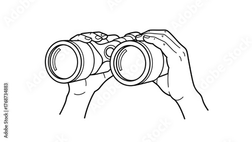 A black and white line drawing of hands holding binoculars, symbolizing searching, observation, and discovery