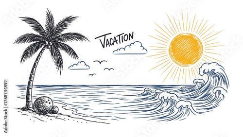 A charming hand-drawn tropical beach scene with a bright sun, ocean waves, and a palm tree, embodying a perfect vacation escape