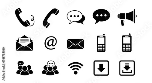 Essential contact methods icons collection for web design and communication needs in black
