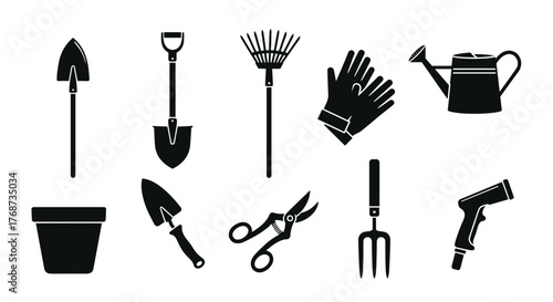 Gardening tools collection for spring planting, vector icons for landscaping and horticulture