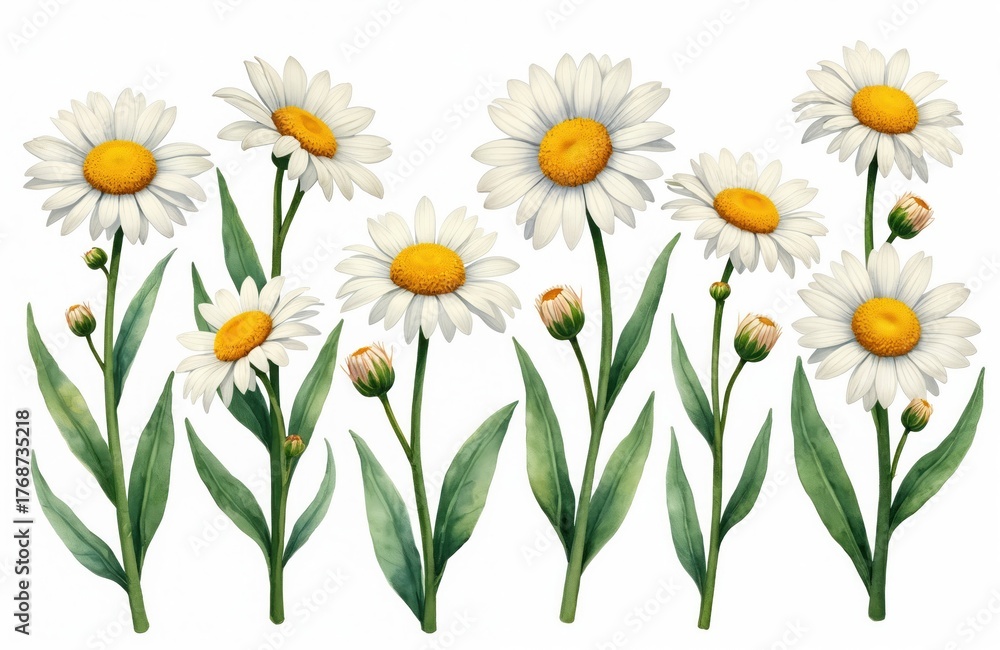 Obraz premium Watercolor art shows multiple white chamomile blooms, green stems. Some flowers are fully open, while others are still buds. This floral illustration brings fresh spring summer vibe on white canvas.