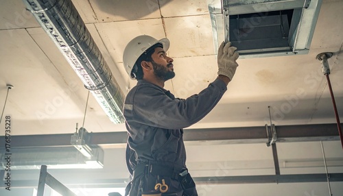 Ventilation Systems Worker Cleaning Duct Openings in Industrial Ceiling