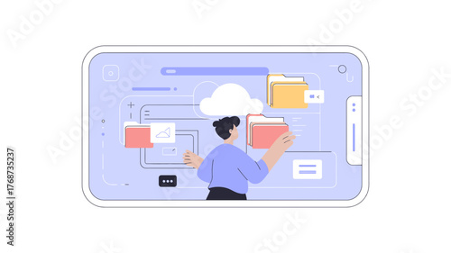 Person interacting with digital interface showing cloud storage and file organization on a tablet screen