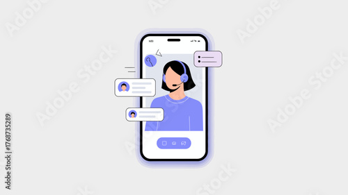 Customer service representative with headset on smartphone screen communicating with clients through chat bubbles and video call interface