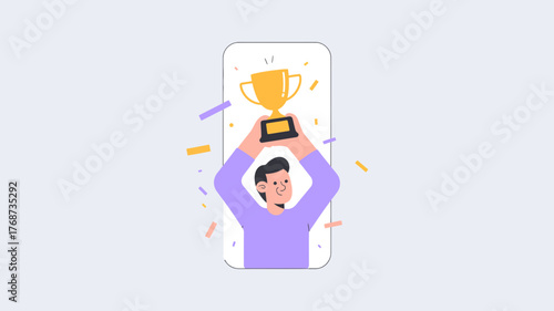 Man holding up a golden trophy in a smartphone screen with confetti celebrating his victory and success
