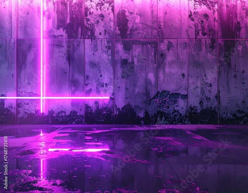 Grunge concrete or metal wall illuminated by subtle neon reflections. Dark futuristic atmosphere with industrial cyberpunk vibes. Suitable for sci-fi environments, game desigabstract grunge background