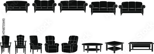 Large Furniture Silhouettes Vector Set, Collection of Sofas, Chairs, Recliners, and Tables for Interior Design Layouts, Floor Plans, and Architecture