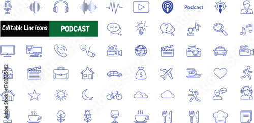 Podcast Icon Set Editable Line Icons for Audio, Video, and Content Creation
