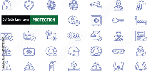 A comprehensive set of blue line icons representing concepts of safety, security, and protection, including digital privacy, physical defense, and emergency response