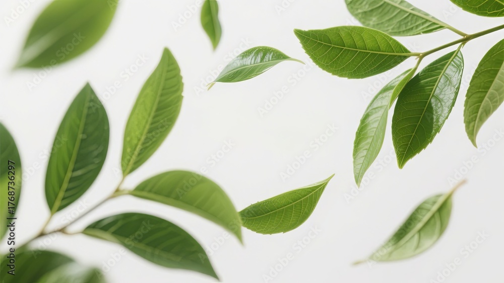Naklejka premium Green leaves are captured in a light and airy scene, showcasing their vibrant color and delicate shapes. The gentle movement conveys a sense of tranquility and natural beauty
