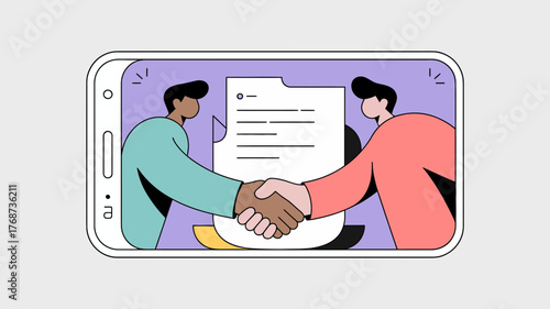 Two diverse business people shaking hands over a digital contract displayed on a smartphone screen symbolizing online agreement and partnership