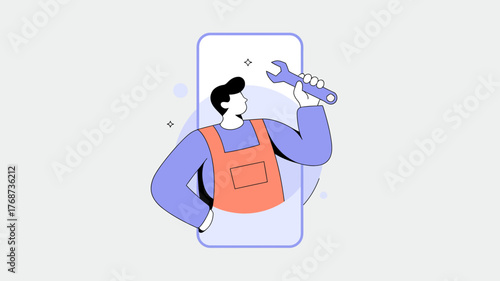 A stylized character in overalls holding a wrench emerging from a smartphone screen representing technical support or app development