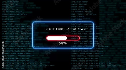 Yellow glowing progress bar shows 100% percent of brute force attack on a background of computer code programming
