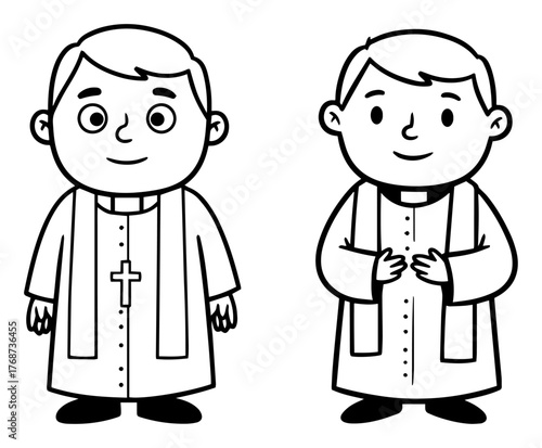 Cute cartoon priest characters – friendly catholic cleric boys in cassock with collar, playful vector mascot illustration