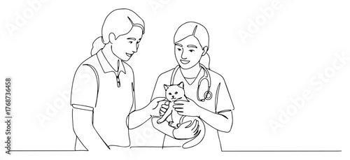 Veterinary nurses caring for kitten – continuous line art minimalist vet clinic vector illustration
