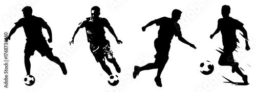 Soccer player silhouettes dribbling – dynamic football action poses, bold vector icon set