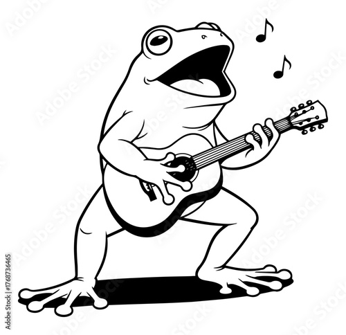 Singing frog playing guitar – cheerful amphibian musician cartoon vector illustration
