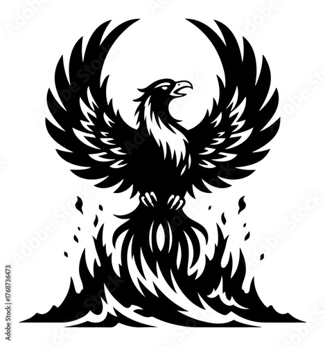 Phoenix rising from flames emblem – powerful mythic fire bird spreading wings bold vector illustration