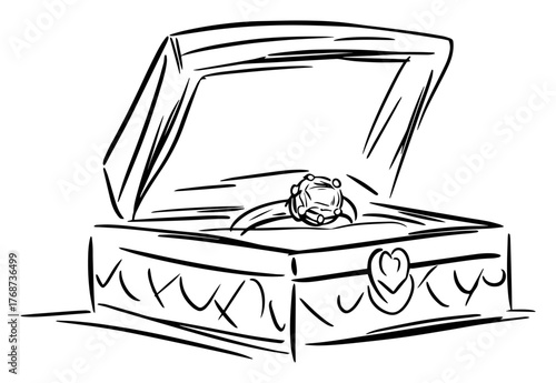Engagement ring in jewelry box sketch – romantic proposal vector illustration