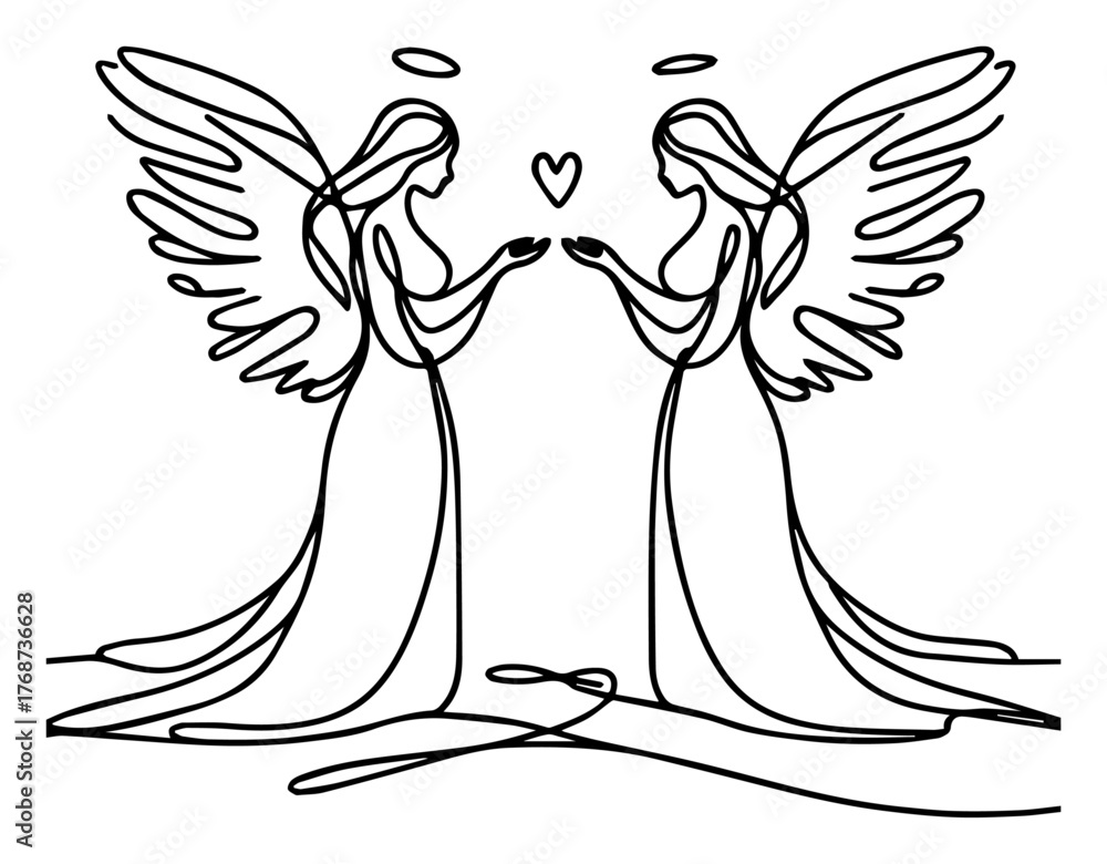 Obraz premium Mirror angels continuous line art – symmetrical celestial figures minimalist vector illustration
