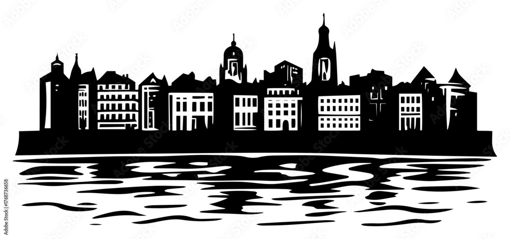 Obraz premium Riverfront city skyline silhouette – waterfront urban panorama vector illustration