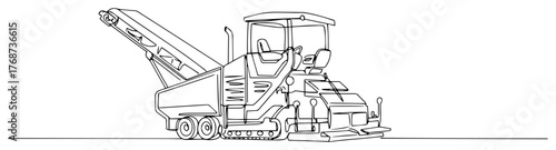 Road milling machine continuous line art – heavy construction equipment minimalist vector illustration