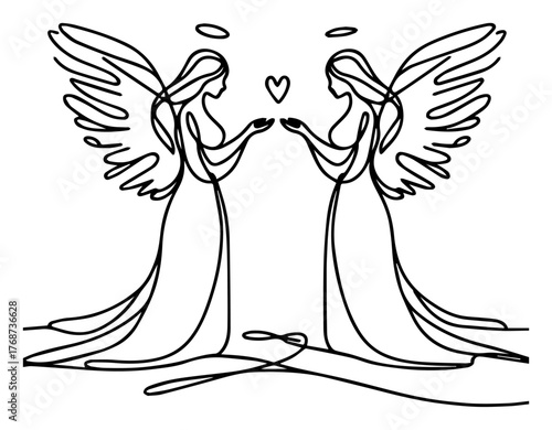 Mirror angels continuous line art – symmetrical celestial figures minimalist vector illustration