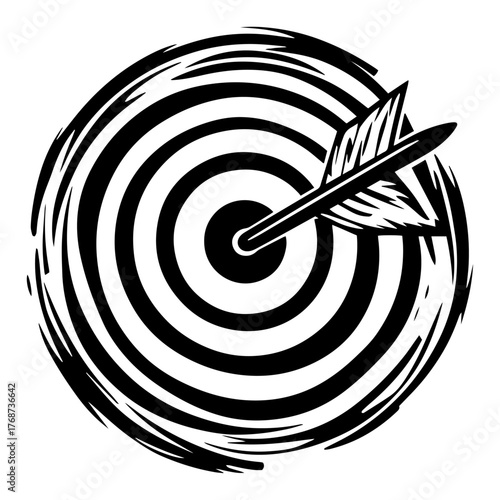 Arrow hitting bullseye target – dynamic concentric dartboard emblem, precision success icon bold vector illustration