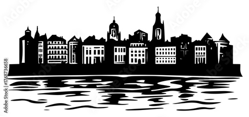 Riverfront city skyline silhouette – waterfront urban panorama vector illustration
