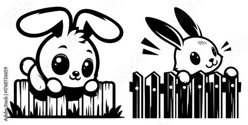 Cute bunnies peeking over fence – playful rabbit cartoon vector illustration