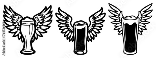 Beer pint glasses with wings – craft brew guardian angel concept bold vector illustration
