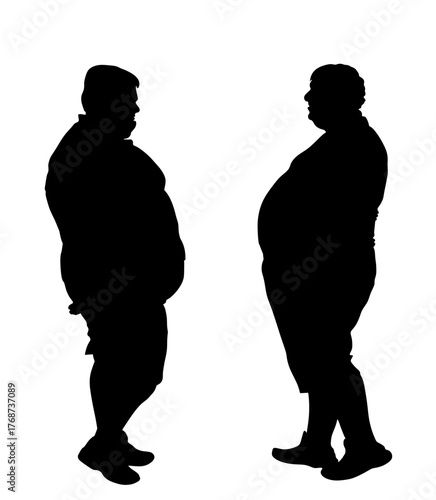 Big belly fat boys talking vector silhouette illustration isolated on background. Big fat man against overweight friend. Health care occupation, conversation about loosing weight and successful diet.
