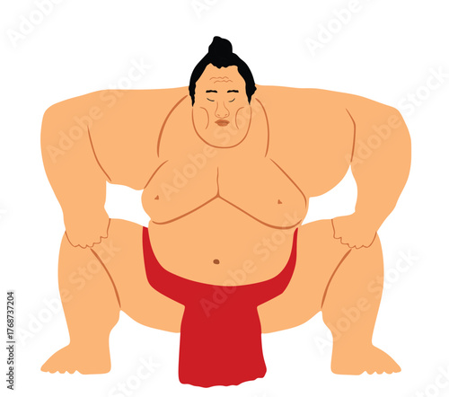 Sumo wrestler vector illustration isolated. Japan traditional sport. Overweight sportsman sumo wrestling discipline. Fat man battle.